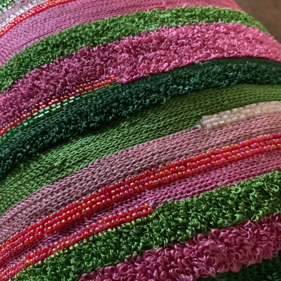 MacKenzie-Childs Really Rosy, Bolster Green and Pink Striped Pillow. Retired - Picture 3 of 8